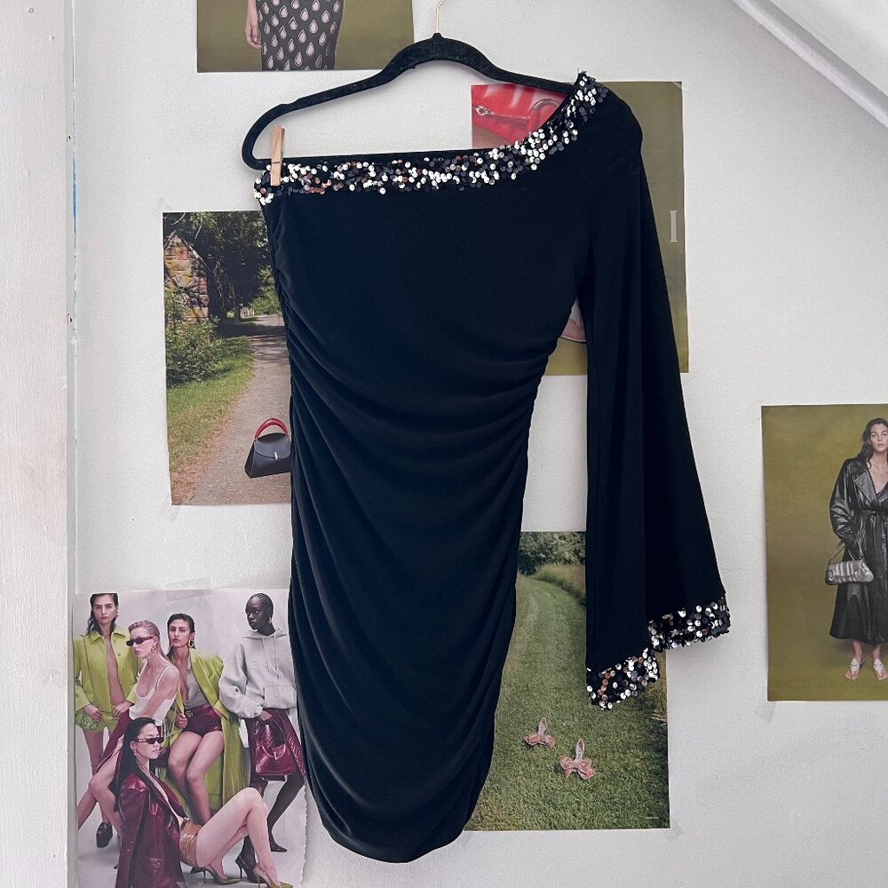 Vintage Party Cocktail Dress Asymmetrical One Shoulder Dress Sequin Hem